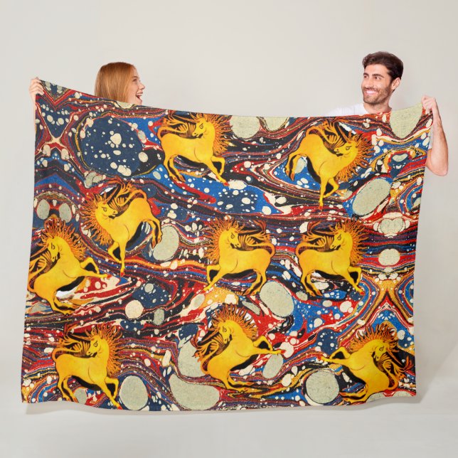 GOLDEN UNICORNS ,RED BLUE MARBLED EFFECTS ,CIRCLES FLEECE BLANKET (In Situ)