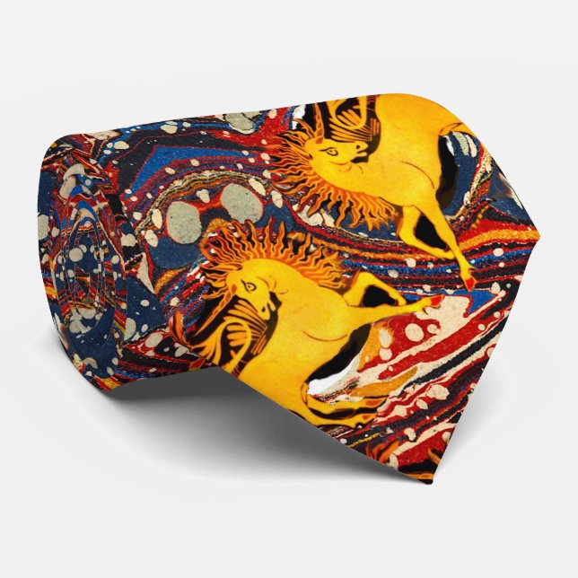 GOLDEN UNICORNS ,RED BLUE MARBLED EFFECTS ,CIRCLES TIE (Rolled)
