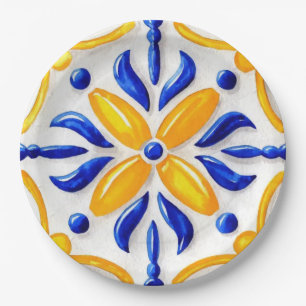 Golden Valencia Blossom Blue and Amber Floral Paper Plate