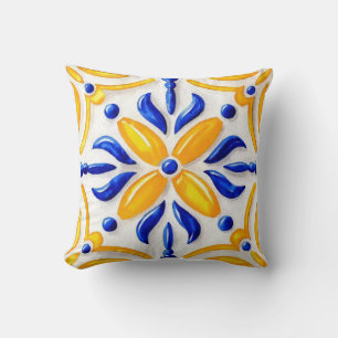 Golden Valencia Blossom Blue and Amber Floral Throw Pillow