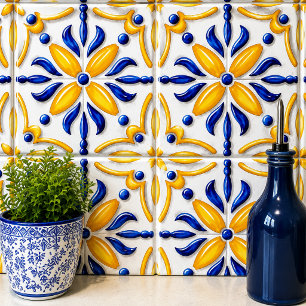 Golden Valencia Blossom Blue and Amber Floral Tile
