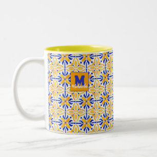 Golden Valencia Blossom Blue and Amber Floral  Two-Tone Coffee Mug
