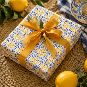 Golden Valencia Blossom Blue and Amber Floral  Wrapping Paper