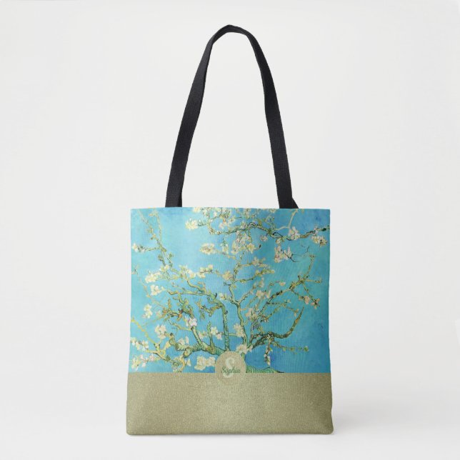 Golden Van Gogh Almond Blossom Monogram Tote Bag (Front)