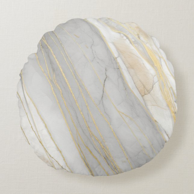 Golden Veined Carrara Marble Texture Round Pillow (Front)