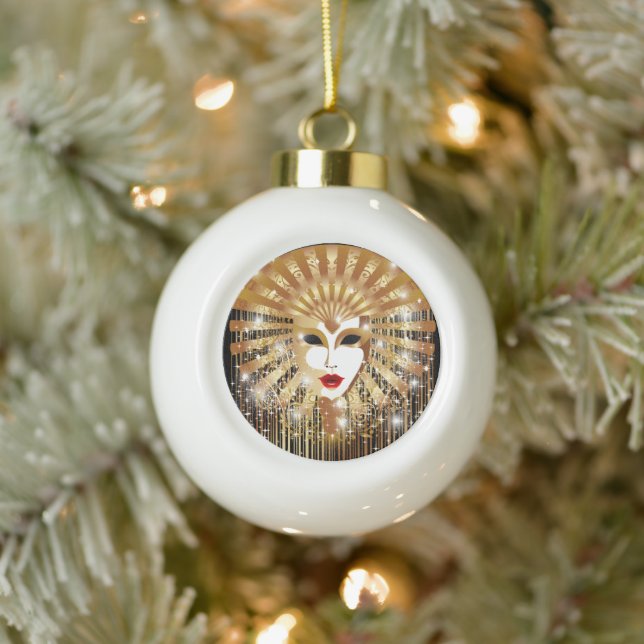 Golden Venice Carnival Party Mask Ceramic Ball Christmas Ornament (Tree)