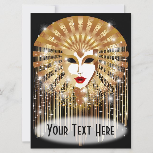 Golden Venice Carnival Party Mask Holiday Card (Front)