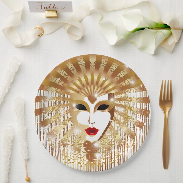Golden Venice Carnival Party Mask Paper Plate (Wedding)