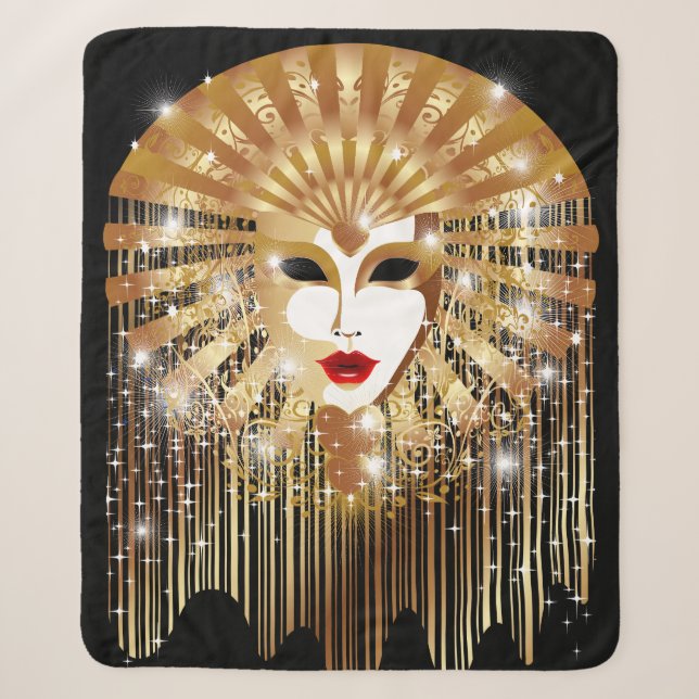 Golden Venice Carnival Party Mask Sherpa Blanket (Front)