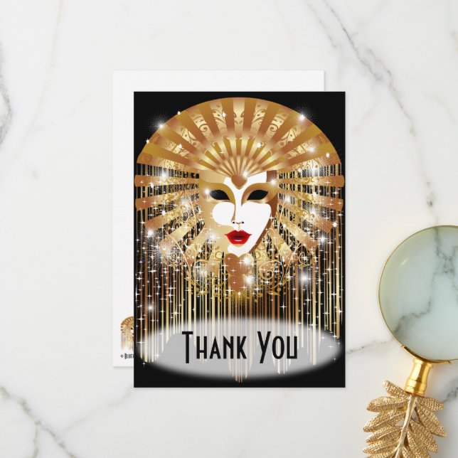 Golden Venice Carnival Party Mask Thank You Card (Front/Back In Situ)