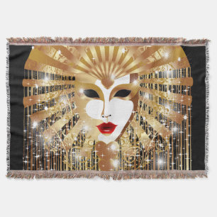 Golden Venice Carnival Party Mask Throw Blanket