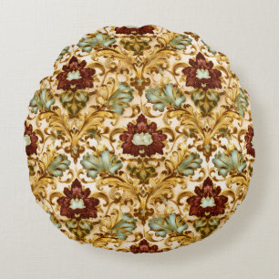 Golden Victorian Floral Damask with Sage Round Pillow