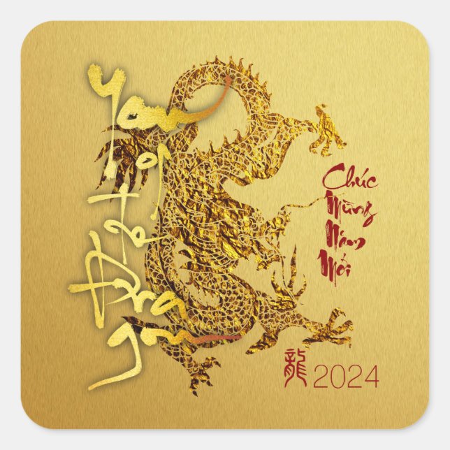 Golden Vietnamese Dragon New Year 2024 SqS01 Square Sticker (Front)