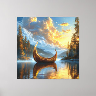 Golden Viking-Inspired Boat Resting on Mystic Lake Canvas Print