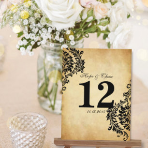 Golden Vintage Black Damask Table Number Cards