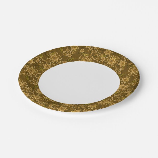 Golden vintage floral pattern paper plate (Angled)