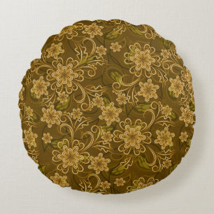 Golden vintage floral pattern round pillow