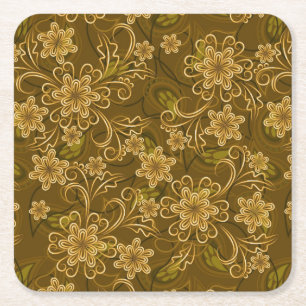 Golden vintage floral pattern square paper coaster
