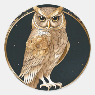 Golden Vintage Owl Art Deco Classic Round Sticker
