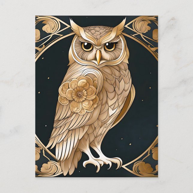 Golden Vintage Owl Art Deco Postcard (Front)