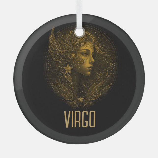Golden Virgo classic zodiac sign black Glass Ornament (Front)