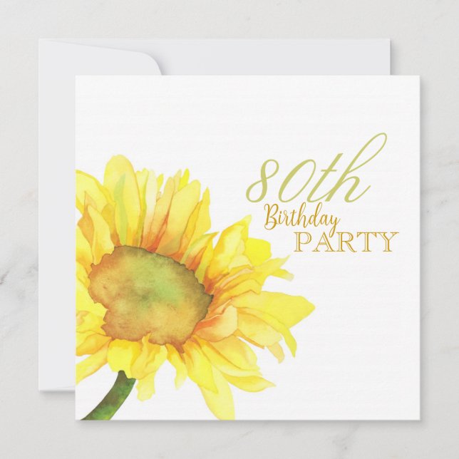 Golden Watercolor Sunflowers 80th Birthday Party Invitation (Front)