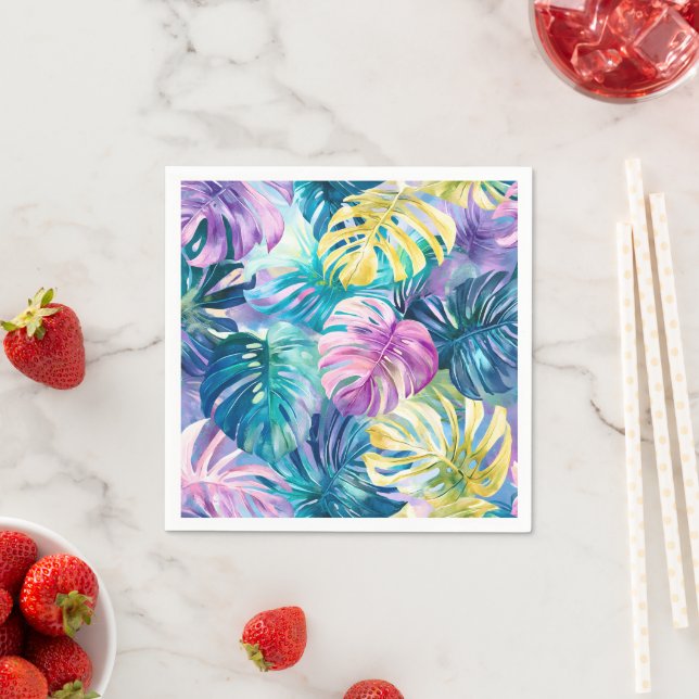 Golden Watercolor Tropical Leaves Paradise Napkin (Insitu)