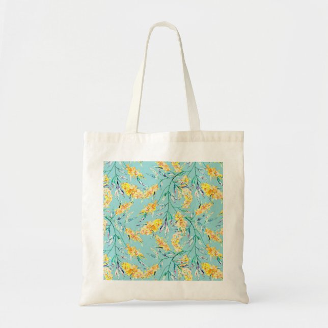 Golden Wattle Branch in Blue Tote Bag (Front)