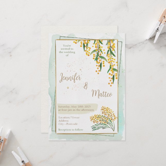 Golden Wattle Wedding Invitation (Front/Back In Situ)