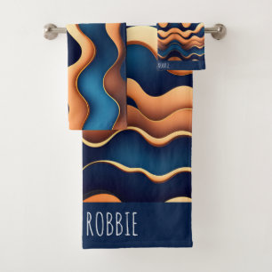 Golden Wave Blue Watercolor Abstract Pattern Bath Towel Set