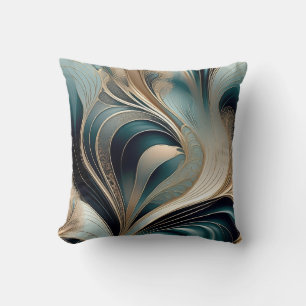 Golden Wave - Teal and Gold Abstract Art Throw Pillow