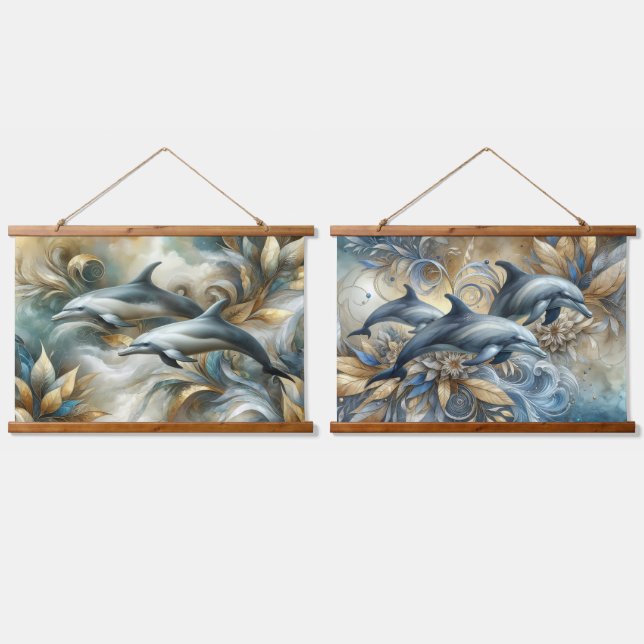 Golden Waves Dolphins Hanging Tapestry (Double)