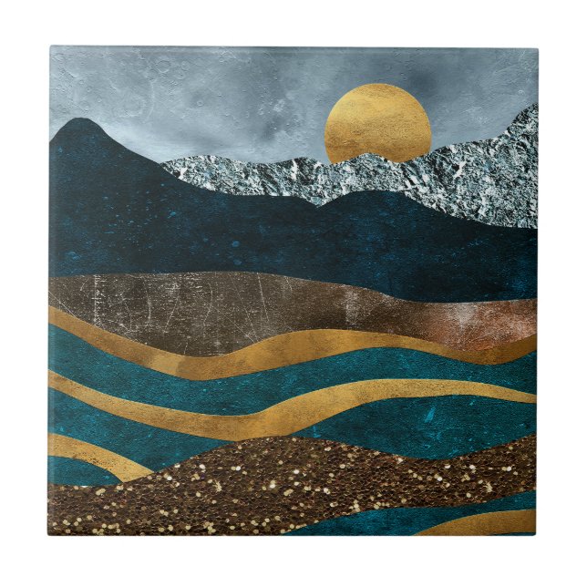 Golden Waves Under Moonlit Mountains Tile (Front)