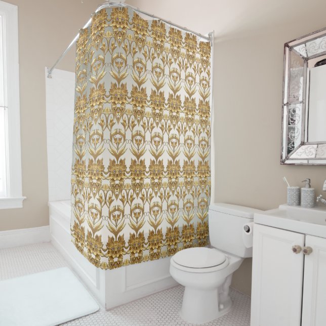 Golden Wavy Leaves Floral Shower Curtain (In Situ)