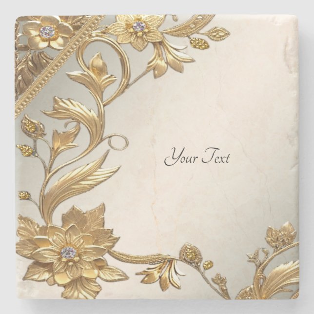 Golden Wavy Leaves Floral Stone Coaster (Front)