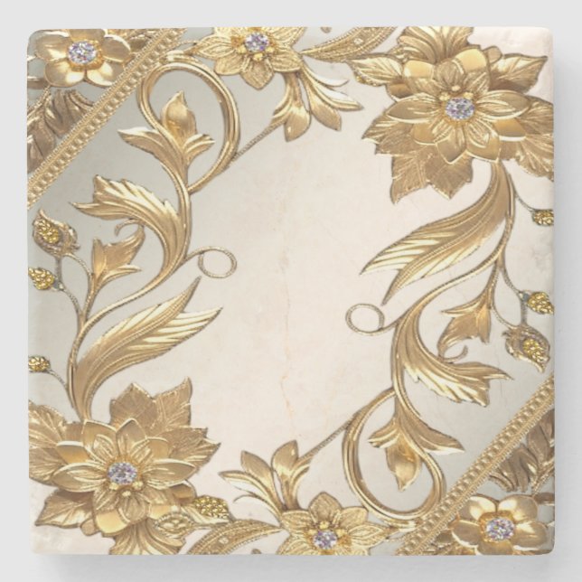 Golden Wavy Leaves Floral Stone Coaster (Front)