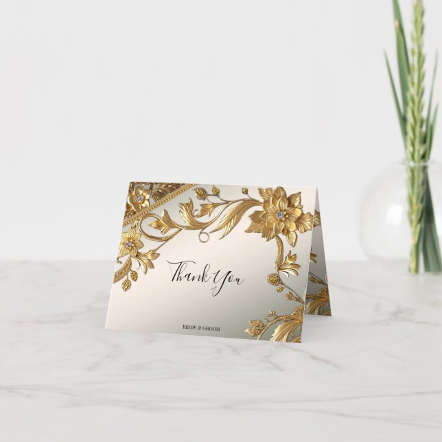 Golden Wavy Leaves Floral Thank You Card (Front)