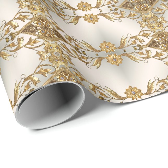 Golden Wavy Leaves Floral Wrapping Paper (Roll Corner)