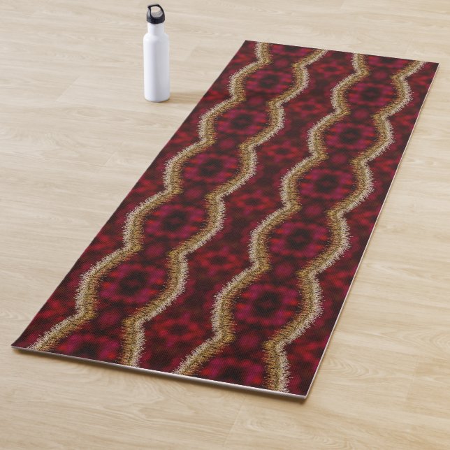 Golden wavy lines on burgundy pattern yoga mat (In Situ)
