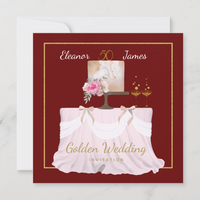 Golden Wedding 50 years Cake Names Burgundy Gold Invitation (Front)