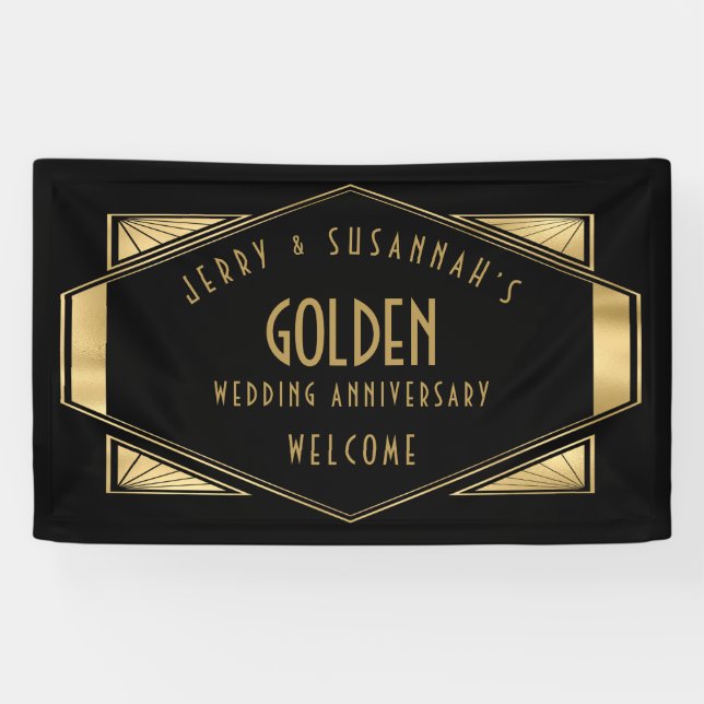 Golden Wedding 50th Names Art deco Gold Black Banner (Horizontal)
