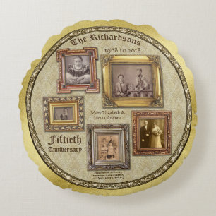 Golden Wedding Anniversary Antique Photo Collage Round Pillow