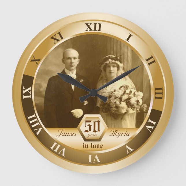Golden Wedding Anniversary Customizable Photo Gift Large Clock (Front)