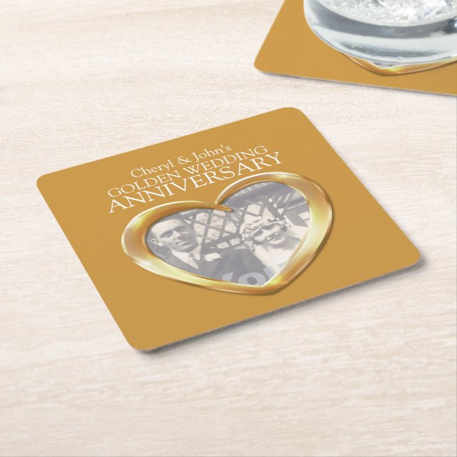 Golden wedding anniversary heart photo coasters (Angled)