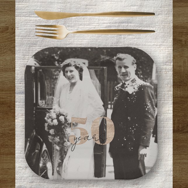 Golden Wedding Anniversary Then & Now 50 years Paper Plate (50 year wedding anniversary golden fiftieth gold wedding old photo aesthetic celebration marriage)