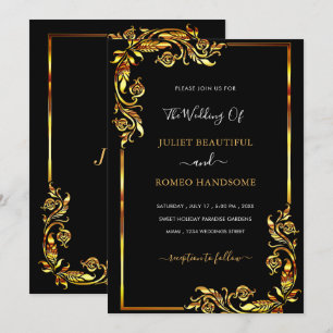 Golden Wedding Invitation Leaves Frame Black Gold 