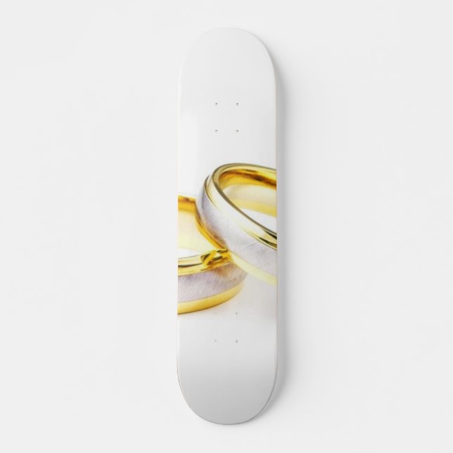 Golden Wedding Rings On White Background Skateboard (Front)
