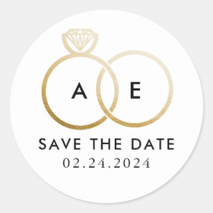 Golden Wedding Rings on White Save the Date Classic Round Sticker