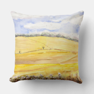 Golden wheat field in oxfordshire watercolour throw pillow
