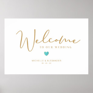Golden Whimsical Welcome  Wedding Turquoise Heart Poster
